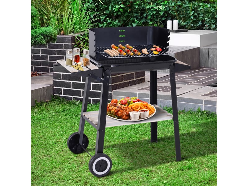  Barbecue à charbon de bois avec hauteur de grille réglable, étagères et roulettes pour une utilisation en extérieur, 83 x 46 x 87 cm, noir  - Conforama D