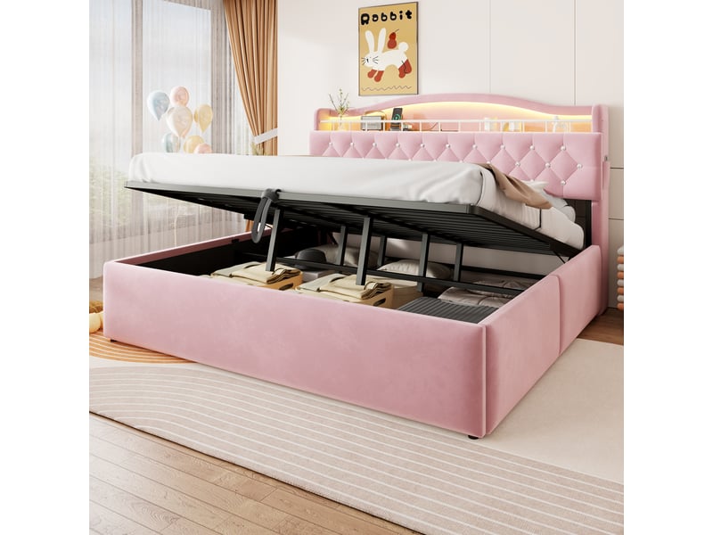  Lit coffre 180x200 cm, lit double, rangement hydraulique, led, usb et usb-c, velours rose  - Conforama A