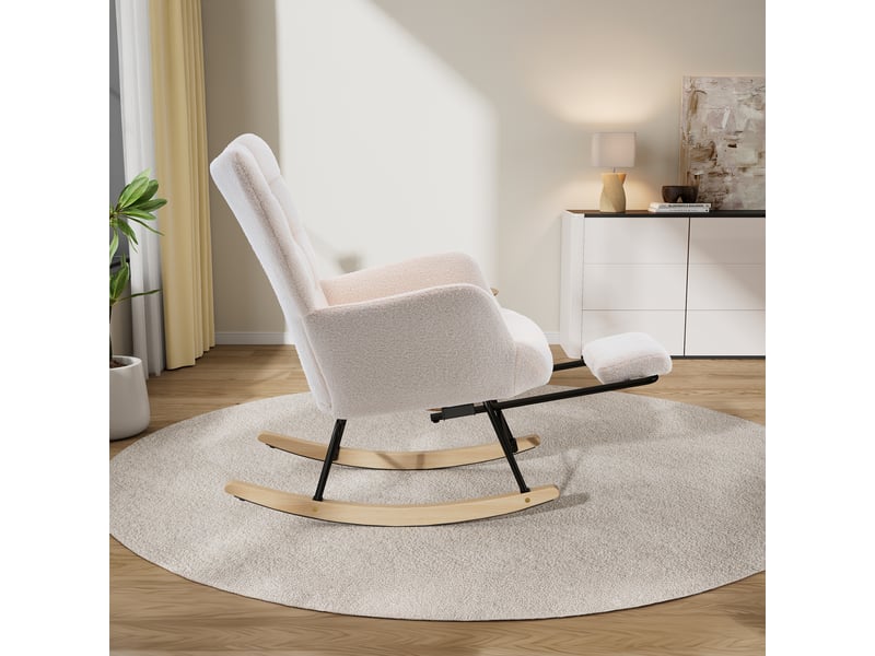  Fauteuil à bascule ulevr avec repose-pieds, 91 x 61 x 88 cm, revêtement sherpa beige, structure en métal et bois  - Conforama D