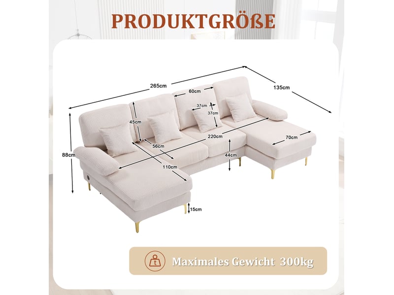  Canapé panoramique fixe 4 places en velours côtelé beige avec led et port usb-c, confort pour le salon  - Conforama C