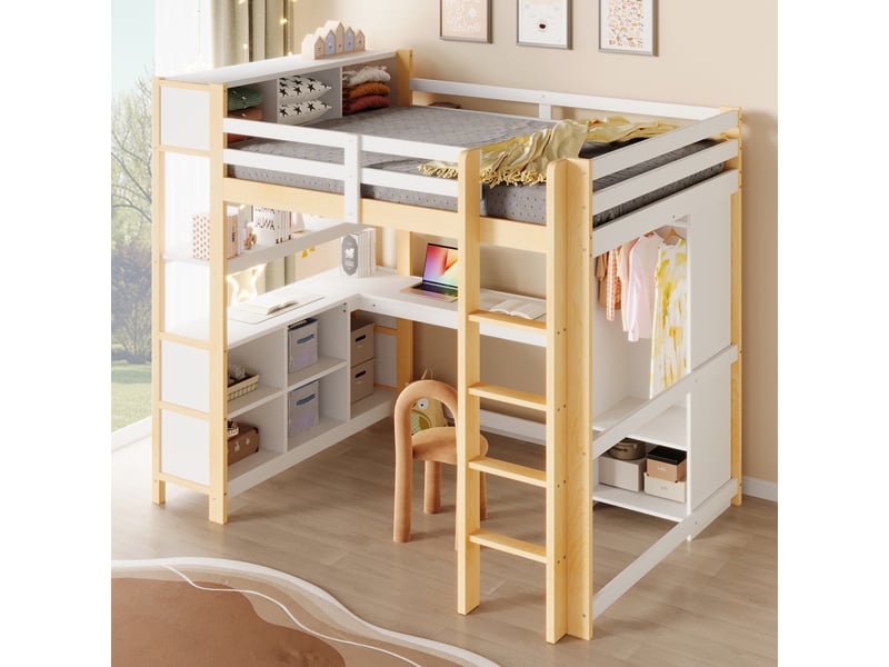 Lit mezzanine 140x200 cm, avec bureau, armoire et étagères de rangement, lit enfant en pin et mdf, naturel OMNIGLINT TRADING LTD - Conforama D