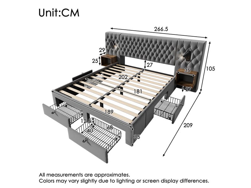 Lit complet 180x200 cm en velours avec 2 chevets intégrés, 4 tiroirs de rangement, lampes de lecture usb-c et sommier à lattes - gris (sans matelas) - Conforama E