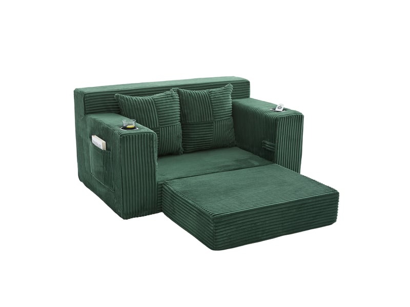  Canapé droit moderne vert émeraude velours côtelé avec rangement intégré et coussins inclus pour salon contemporain  - Conforama A