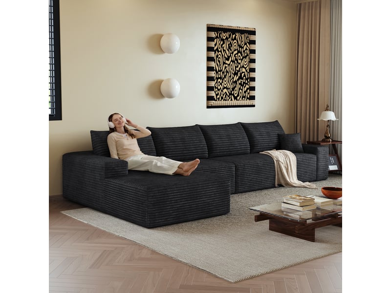 Canapé d'angle, canapé modulable, noir, assise profonde, livré monté, design moderne, 340 cm, pour salon, appartement, chambre - Conforama R