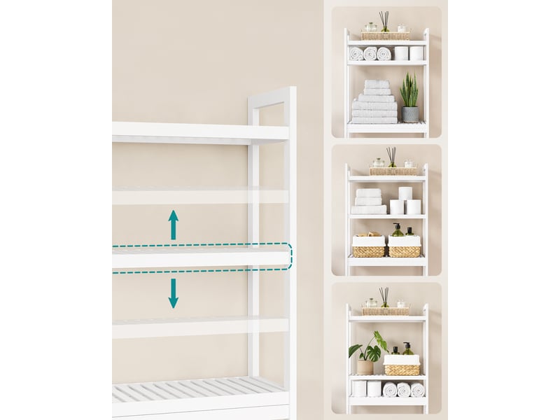 Étagère De Salle De Bain Au-Dessus Des Toilettes - Meuble De Rangement Avec 3 Tablettes, Blanc 65x34x177cm