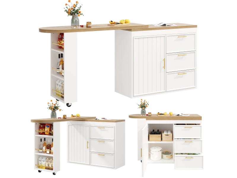 Bahut de cuisine pivotante à 360°, étagères réglables et système anti-basculement, 3 tiroirs et rangement latéral  - Conforama A