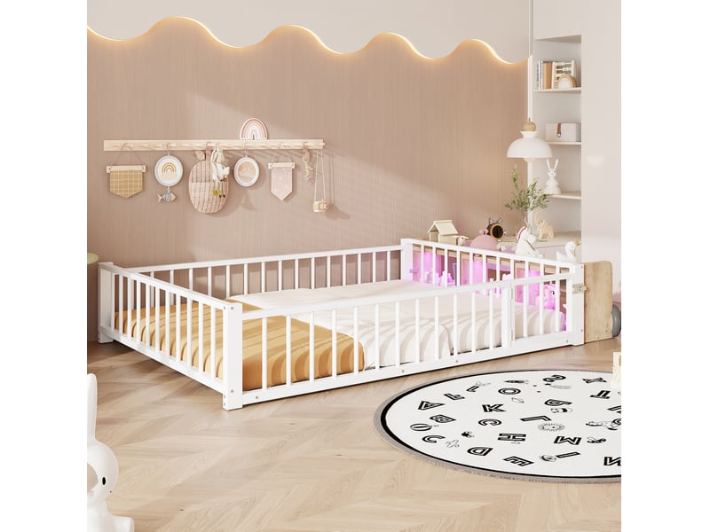  Lit 2 places enfant 140x200 cm en métal et mdf blanc avec rangement, led et barrière  - Conforama E