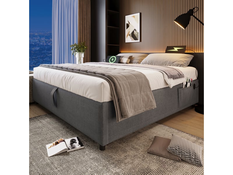  Lit double 160x200 - lit coffre hydraulique - sommier plein bois - usb type-c - sans tête de lit - 160x200 cm - gris  - Conforama B