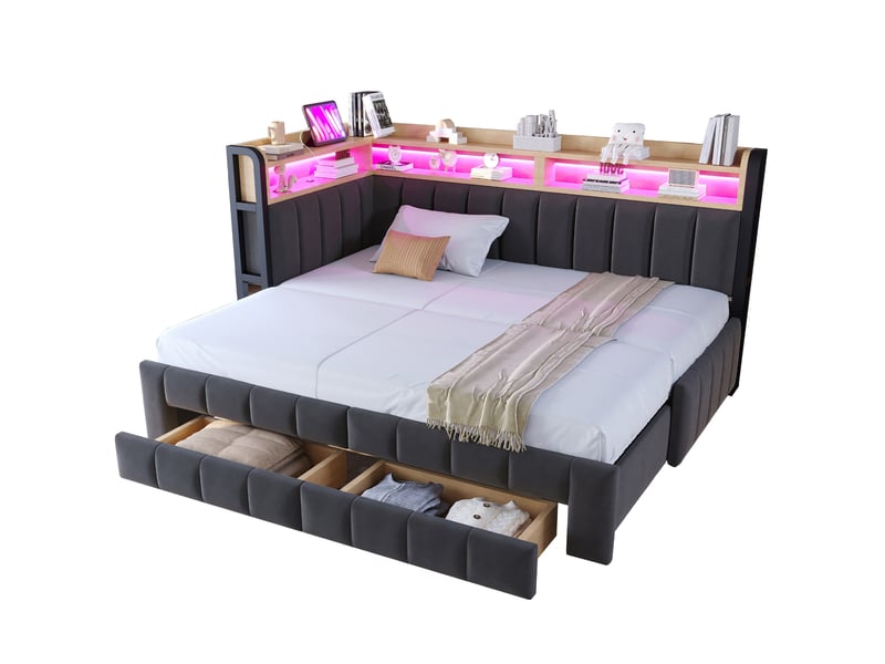  Canapé-lit, 90 x 200 cm, 180 x 200 doté d’un espace de rangement, led, matelas non inclus, mdf et métal, coloris gris  - Conforama A