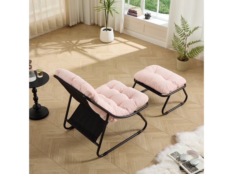  Fauteuil de jardin avec repose-pieds,65x78x86 cm,avec coussin,acier,noir et rose  - Conforama E