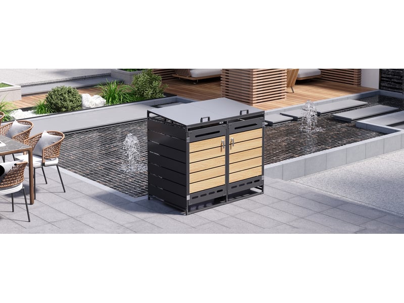 Coffre à poubelles double en fer antirouille, couvercle hydraulique, revêtement imitation bois, ventilation et serrures. - Conforama R