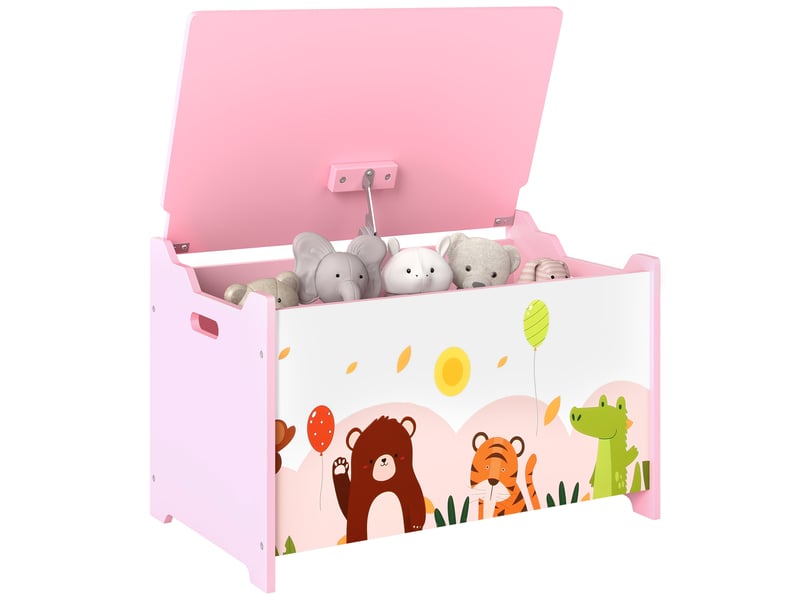Coffre à jouets en bois pour enfants, avec charnières de sécurité et motifs d'animaux, 60 x 37 x 39 cm, rose - Conforama A