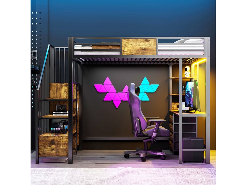  Lit mezzanine 90x200 gain de place 144 cm sous-lit bureau intégré rangements penderie prise led métal noir sans matelas  - Conforama D