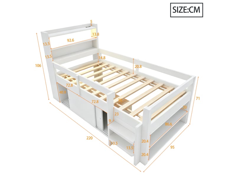  Lit mezzanine enfant simple 90×200 cm avec rangements, éclairage led et usb - okmyhome- en bois blanc, sans matelas  - Conforama D