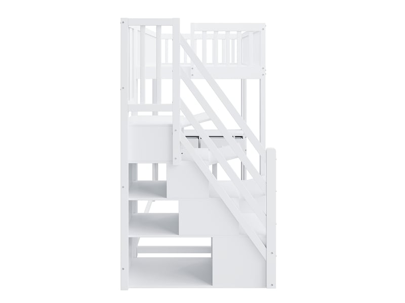 Lit mezzanine 90x200 blanc, lit mezzanine avec bureau et escalier de rangement, cadre en pin massif pour enfant et ado. - Conforama E