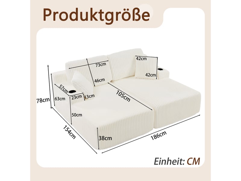 Canapé convertible 2 places avec porte-gobelet et poche latérale - coussins amovibles, velours côtelé beige - Conforama D