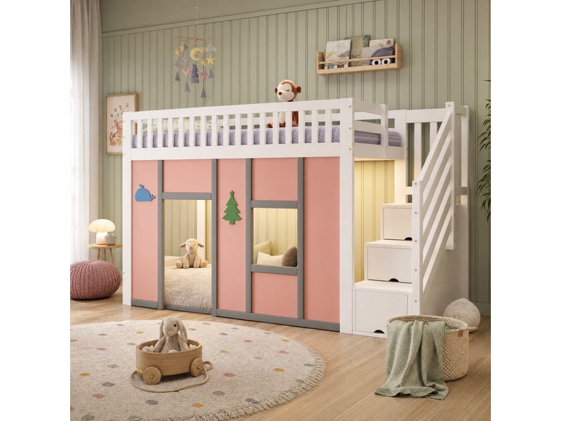  Lit mezzanine 90x200 cm avec escalier de rangement et éclairage led en bois et mdf blanc et rose  - Conforama B