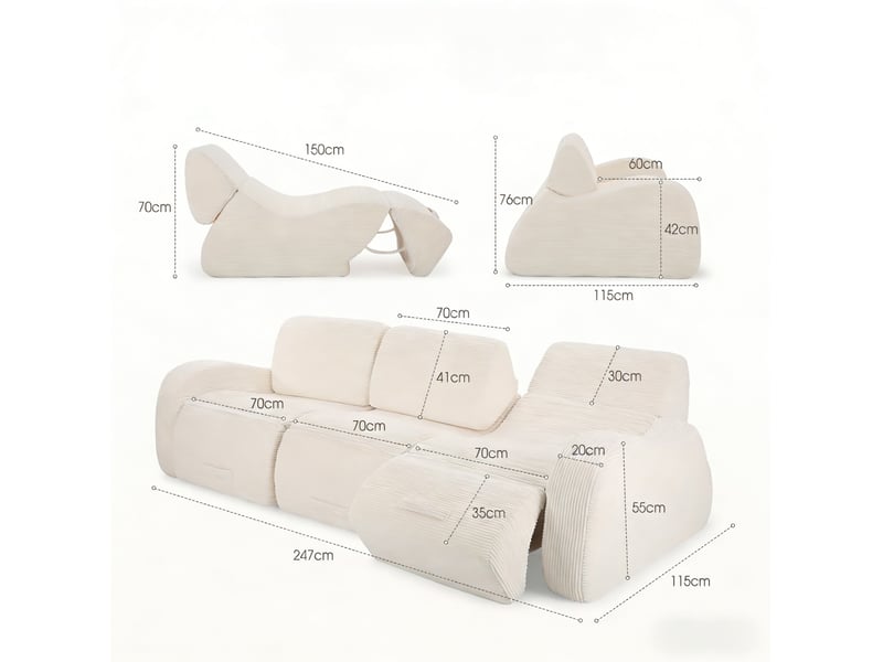  Canapé modulable convertible 3 places 247x115x76 cm compressé, mousse douce, velours côtelé couleur beige  - Conforama C