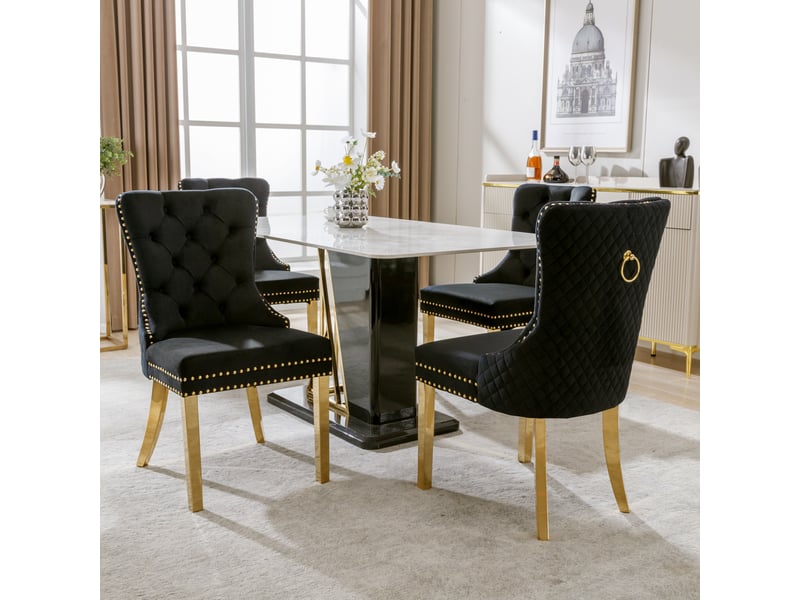  Lot de 4 chaises velours noir avec anneau arrière et pieds dorés – design moderne élégant  - Conforama B
