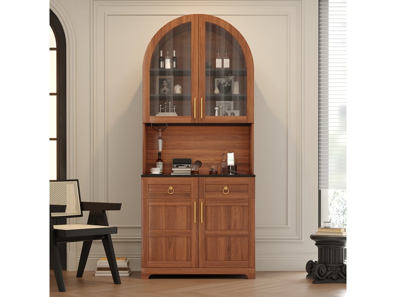  Buffet haut 80x40x180cm, prises et ports usb, led réglable par appli, 2 portes vitrées, espace ouvert en arche, 2 tiroirs  - Conforama C