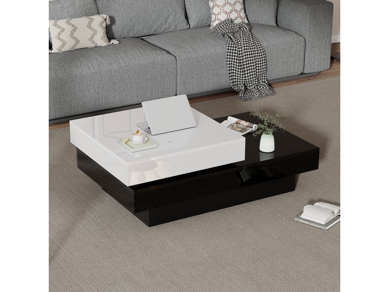  Table basse pivotante avec 2 niveaux de rangement, plateau brillant bicolore pour salon, 103 × 60 × 35,5 cm  - Conforama B