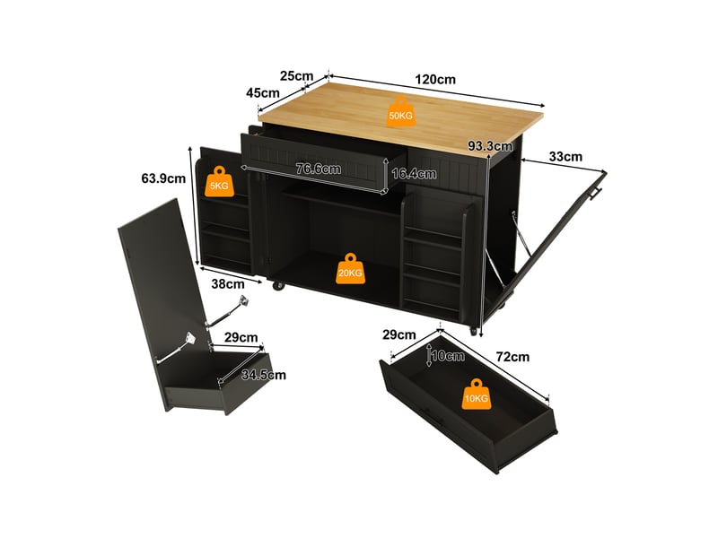  Desserte de cuisine 130 x 70 x 93 cm noir en mdf, plateau rabattable et rangement mobile à roulettes  - Conforama C
