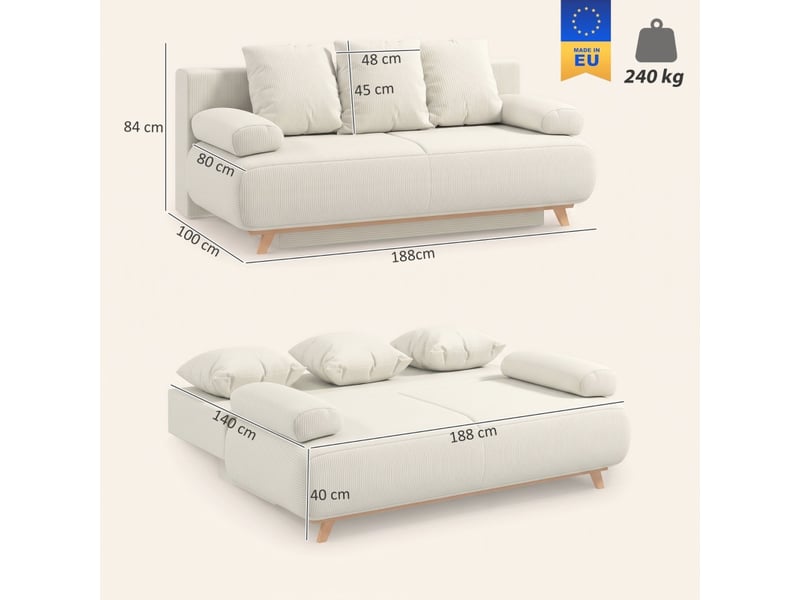  Canapé convertible 3 places avec rangement et dossier réglable  - velours côtelé beige  - Conforama D