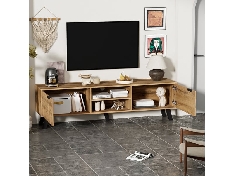  Meuble tv moderne 160 cm avec 2 portes et niches ouvertes - effet bois  - Conforama E