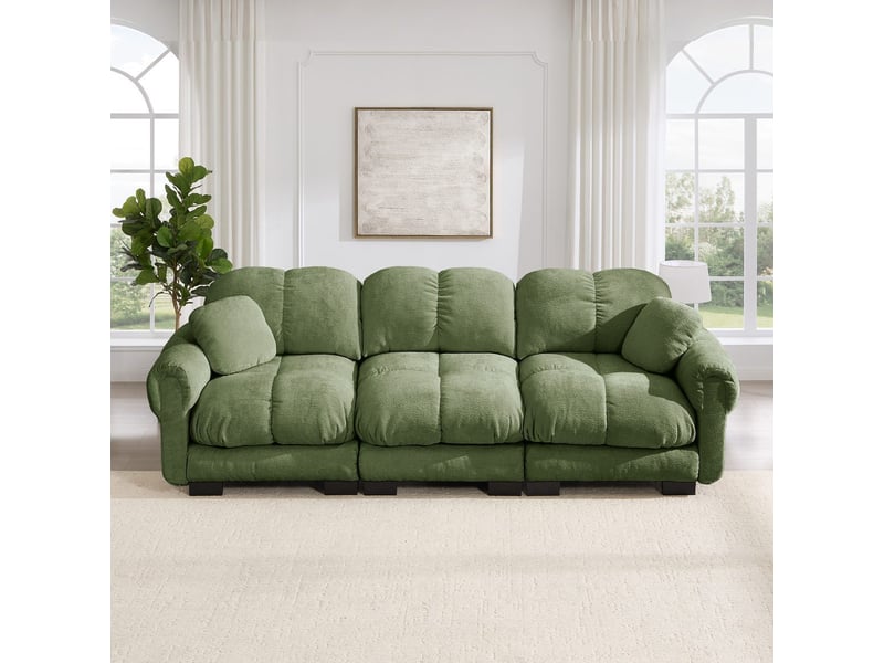  Canapé 3 places modulaire en chenille vert avec 2 coussins déco, assises épaisses et dossier ergonomique SF20260031013 - Conforama B