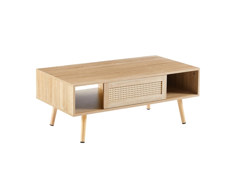 Table basse moderne tressée avec portes coulissantes, bois massif naturel, 105 × 55 × 40 cm  - Conforama D