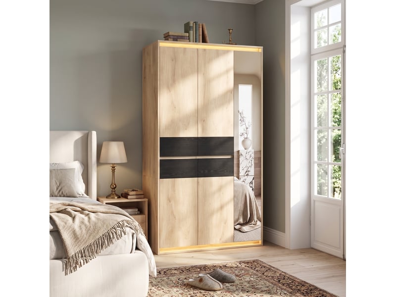  Armoire 110x47x200 cm avec miroir, led, 4 tiroirs, décor chêne et anthracite  - Conforama B