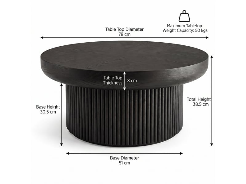  Table basse ronde 78 cm – noir – plateau épais 8 cm, motif parquet et base cannelée moderne pour salon  - Conforama C