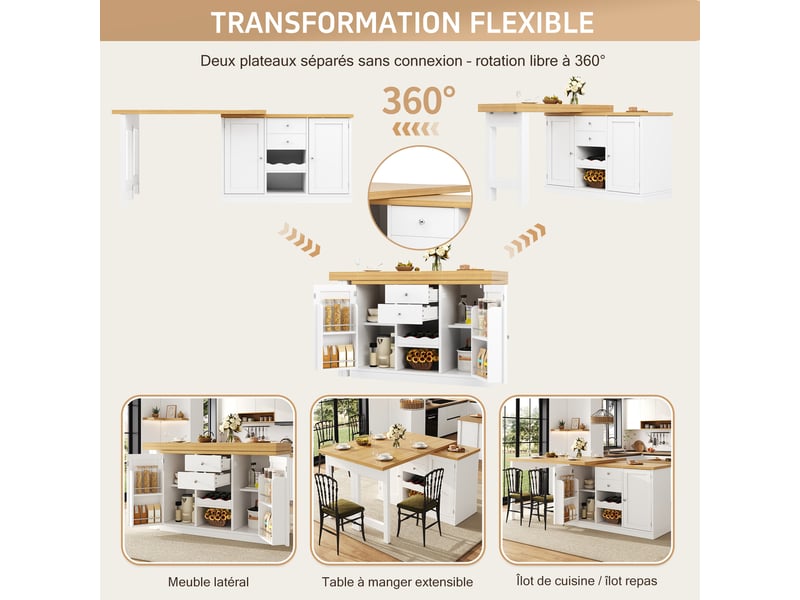  Îlot de cuisine extensible 120-197 cm avec table pivotante 360°, porte-bouteilles et rangements, blanc et noir  - Conforama B