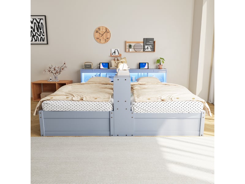  Canapé-lit 90180x200 cm, lit enfant, couchage d'appoint, rangement hydraulique, led, bois gris, prise intégrée  - Conforama C