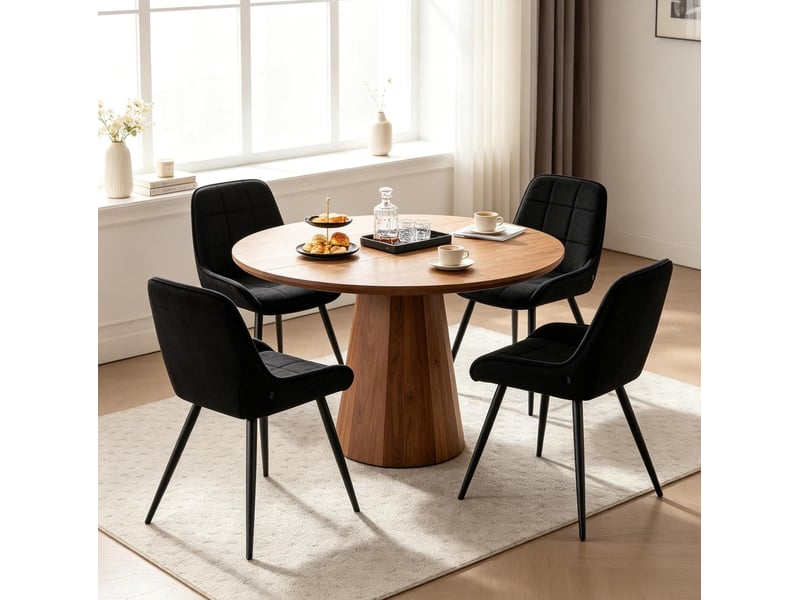  Chaise de salle à manger lot de 4 avec assise rembourrée et dossier incurvé en velours et métal noir  - Conforama D