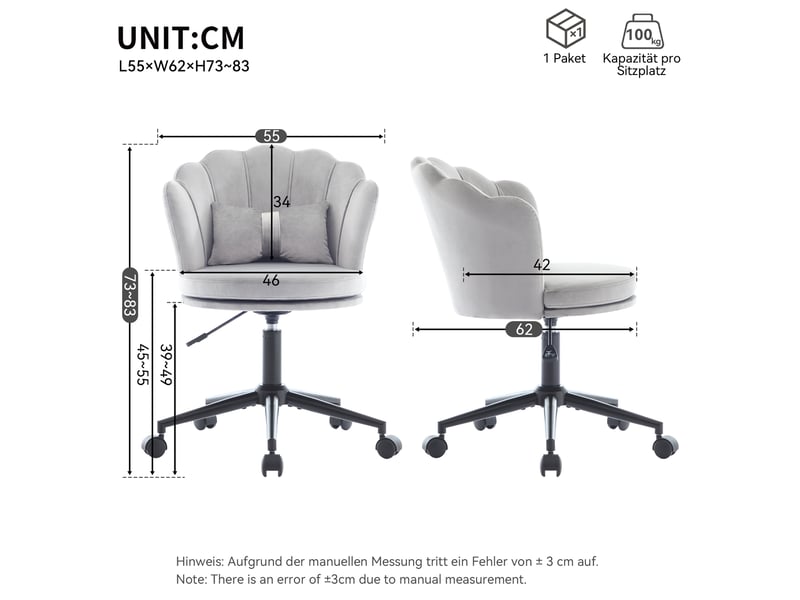  Chaise de bureau grise en velours, réglable en hauteur et pivotante  - Conforama C