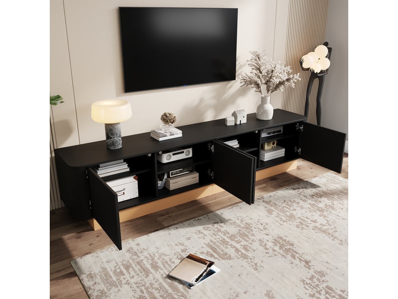 Meuble tv 200 x 40 x 47,5 cm, 4 portes rainurées, étagères réglables, passe-câbles, angles arrondis, noir, en mdf, rangement pour salon ABC - Conforama D