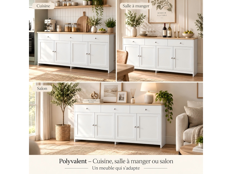 Kefsr buffet bahut 160 cm, enfilade 4 portes et 3 tiroirs, meuble de rangement style campagne rustique, blanc et plateau couleur bois - Conforama W
