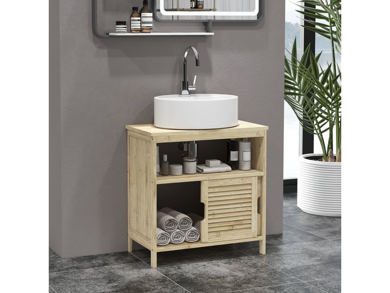  Meuble sous lavabo en bambou, meuble de rangement pour salle de bain avec 2 portes, 60 x 30 x 60 cm, bois naturel  - Conforama C