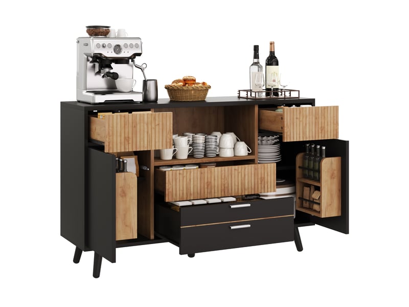 Buffet bas 130x38x85 cm avec 4 tiroirs, led rgb, rangements de porte, étagères réglables, façades rainurées, mdf effet bois naturel et noir - Conforama A
