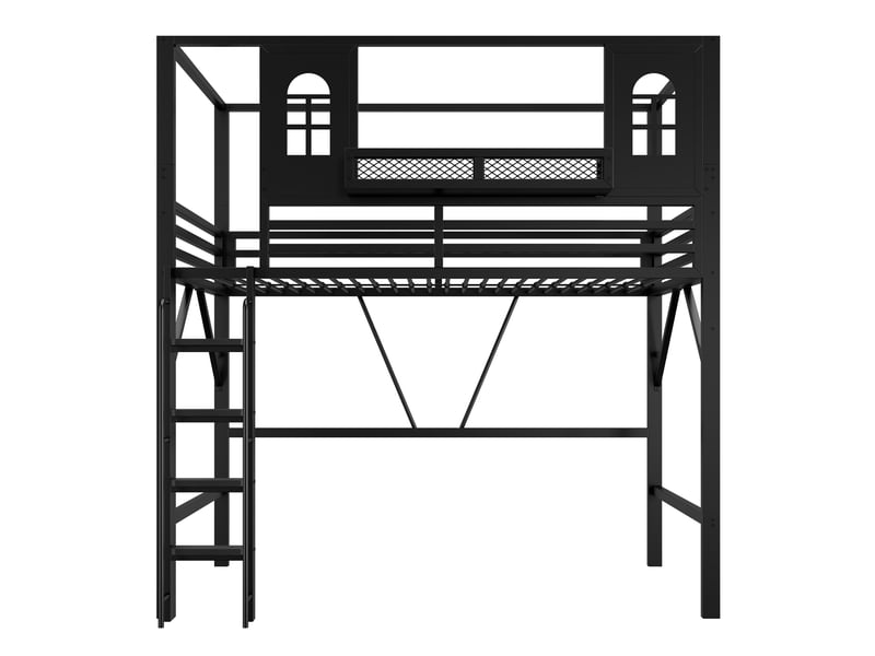  Lit mezzanine enfant 90 x 200 cm en métal avec toit, échelle de sécurité, espace de jeu avec fenêtre et tablette, noir  - Conforama B