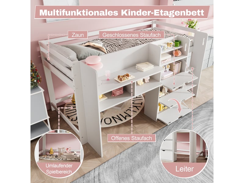 Lit mi-hauteur 90x200 blanc en forme de maison, lit cabane enfant blanc avec rangements intégrés, étagères, 3 tiroirs et échelle - Conforama W