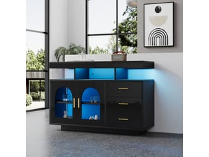 Buffet de salon 140x40x65 cm, commode moderne avec bandeau lumineux led, meuble de rangement avec 3 compartiments et 4 portes