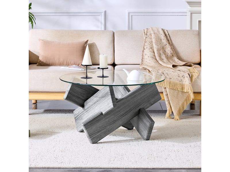  Table basse ronde mdf et verre, design moderne avec pieds croisés effet gris, diamètre 79 cm, verre trempé 0,8 cm  - Conforama B