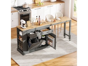 Îlot de cuisine sur roulettes plateau extensible 112-180 cm meuble poubelle 2 tiroirs gris