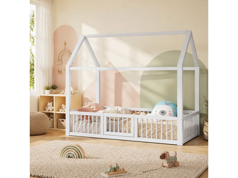  Lit cabane enfant 90x200 cm blanc avec barrières et portillon  - Conforama B