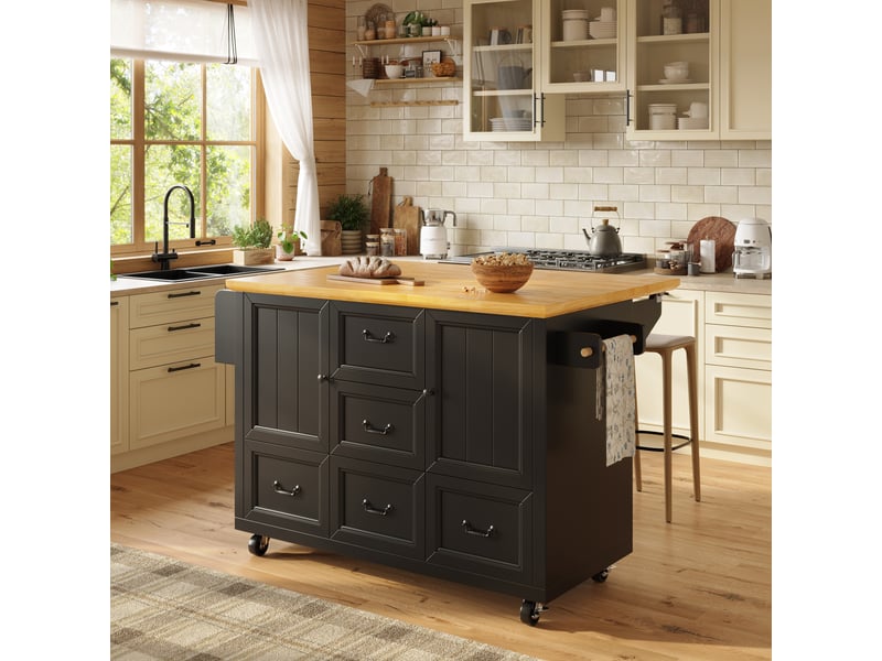 Îlot de cuisine sur roulettes 120 cm noir et blanc, desserte avec plateau pliable, 5 tiroirs, porte-serviettes et étagère à épices - Conforama D