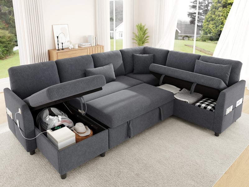 Canapé d'angle convertible,6 places, avec espace de rangement et poches latérales pour accoudoirs,370 x 147 x 81cm,gris - Conforama B