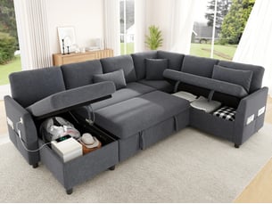 Canapé d'angle droit convertible <strong>BGSRYAO</strong> <strong></strong> 6 places Coton / Lin gris avec coffre de rangement