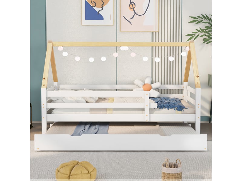  Lit banquette 90 × 200 cm, lit gigogne 90 × 190 cm, toit maison, barrières, sommier à lattes, pin, blanc et naturel  - Conforama D
